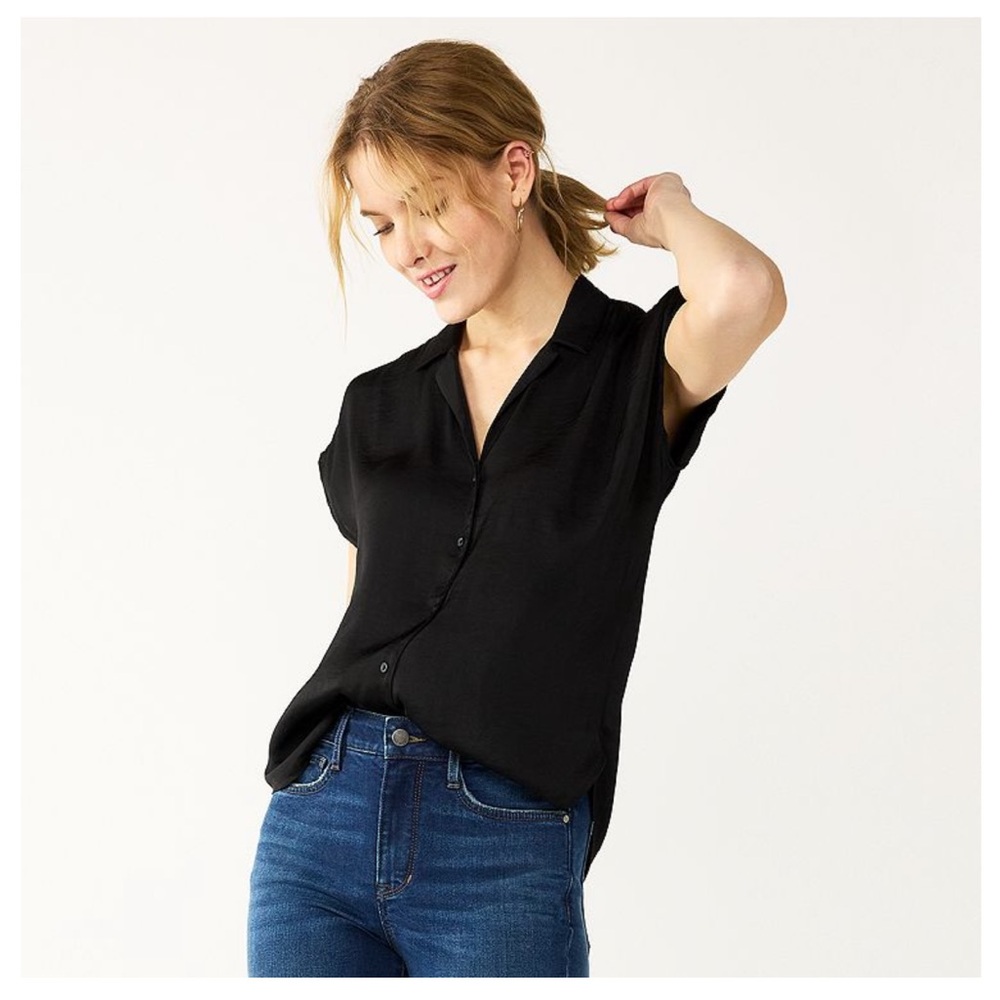 Nine West Black Short-Sleeve Button-Down Shirt, Petite Large
